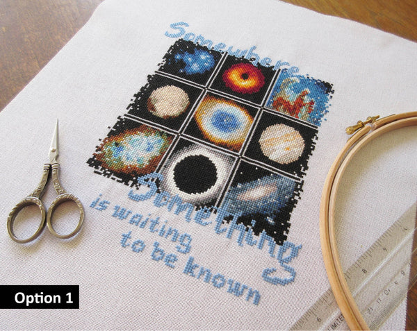 Wonders of Space cross stitch pattern. Option 1 - nine astronomy images with the words "Somewhere, Something is waiting to be known". Angled image of stitching.