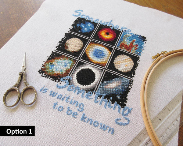 Wonders of Space cross stitch pattern. Option 1 - nine astronomy images with the words "Somewhere, Something is waiting to be known". Angled image of stitching.