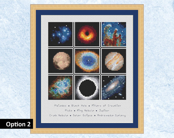 Wonders of Space cross stitch pattern. Option 1 - nine astronomy images with no quote, but with captions naming each image - Pleiades, Black Hole, Pillars of Creation, Pluto, Ring Nebula, Jupiter, Crab Nebula, Solar Eclipse and Andromeda Galaxy. Shown with frame.