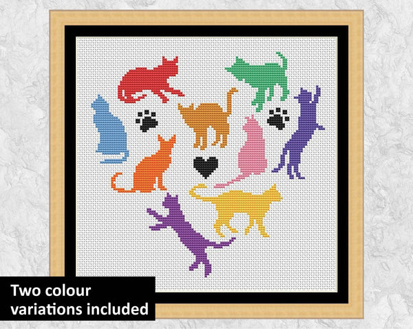 Heart of Cats cross stitch pattern - rainbow coloured version with frame