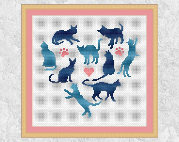 Heart of Cats cross stitch pattern - blue and pink coloured version with frame