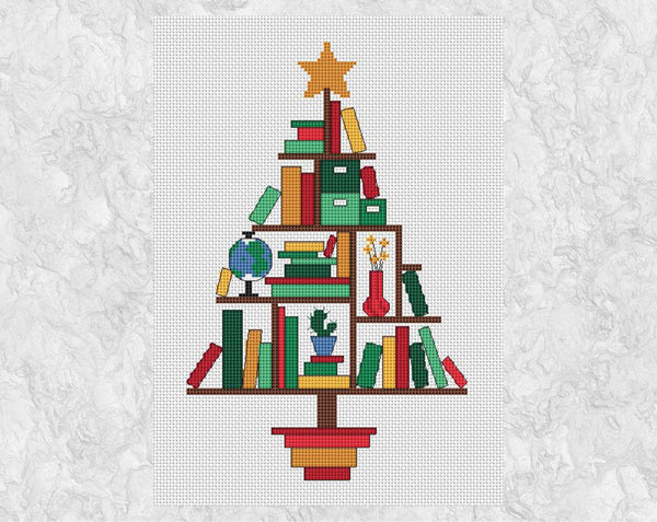 Book Lovers' Christmas Tree cross stitch pattern (larger) - without frame