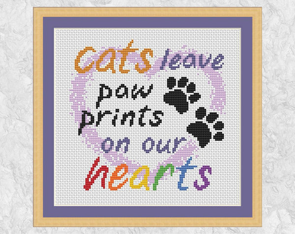 Cats Leave Paw Prints On Our Hearts cross stitch pattern in frame