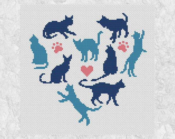 Heart of Cats cross stitch pattern - blue and pink coloured version without frame