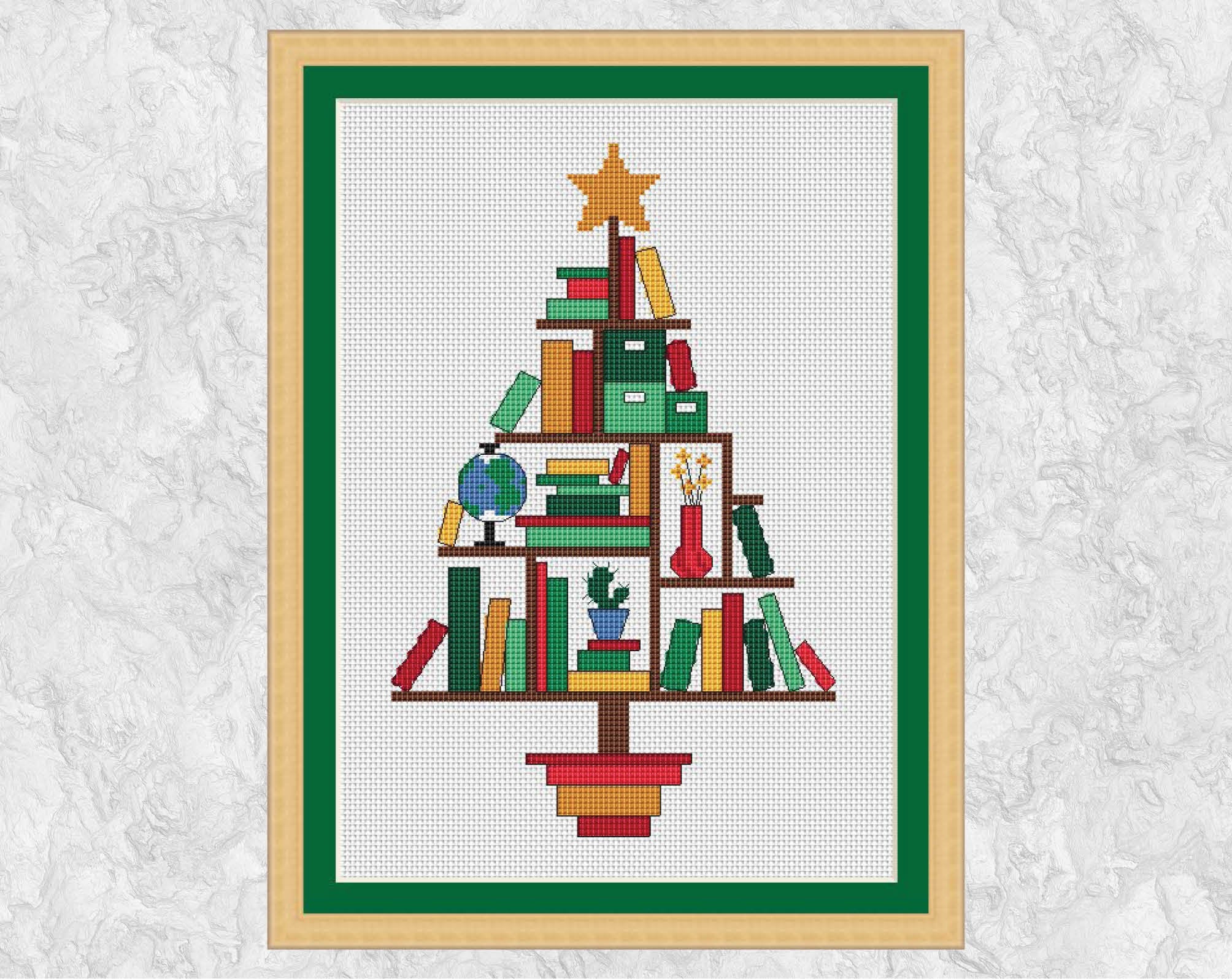 Book Lovers' Christmas Tree cross stitch pattern (larger) - with frame