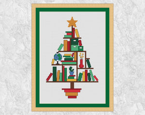 Book Lovers' Christmas Tree cross stitch pattern (larger) - with frame