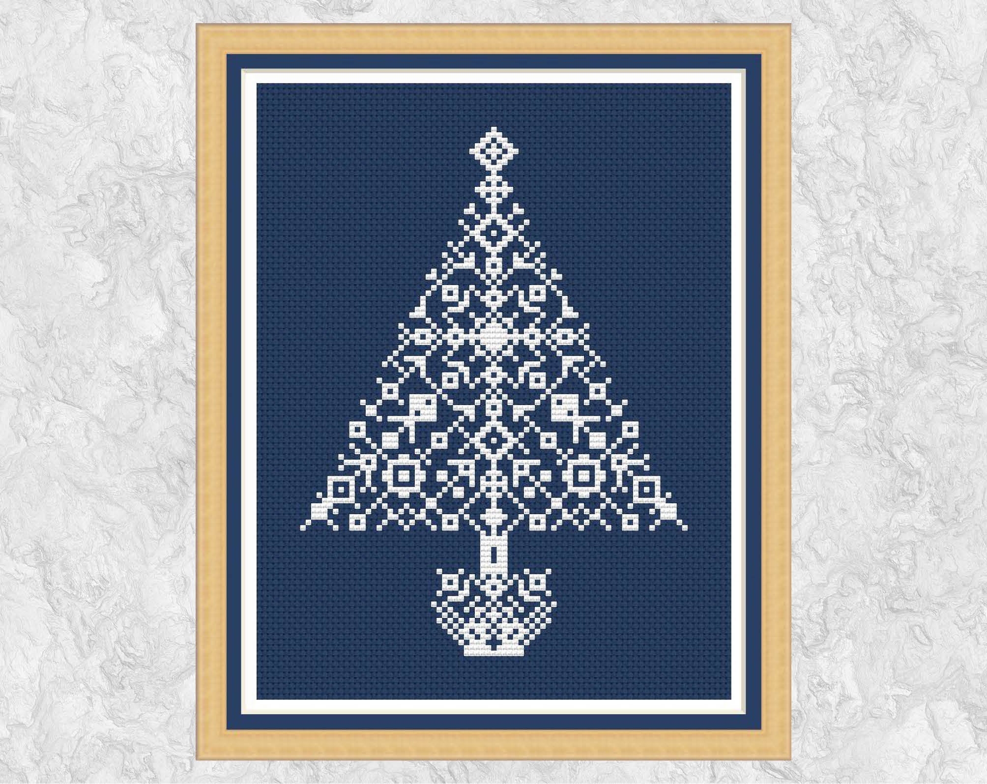 Snowflake Christmas Tree cross stitch pattern with frame