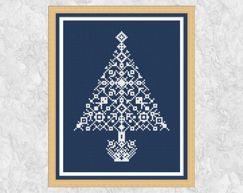 Snowflake Christmas Tree cross stitch pattern with frame
