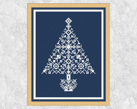 Snowflake Christmas Tree cross stitch pattern with frame