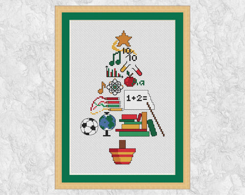 Teachers' Christmas Tree cross stitch pattern with frame