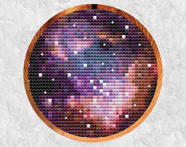 Small Magellanic Cloud Astronomy cross stitch pattern - in hoop on grey background