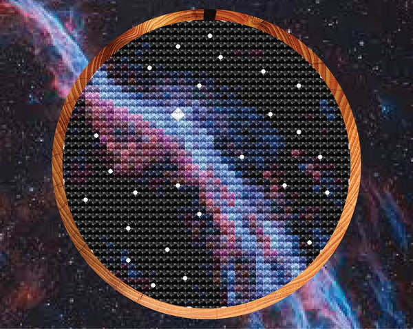 Veil Nebula - Astronomy cross stitch pattern - in hoop on nebula background