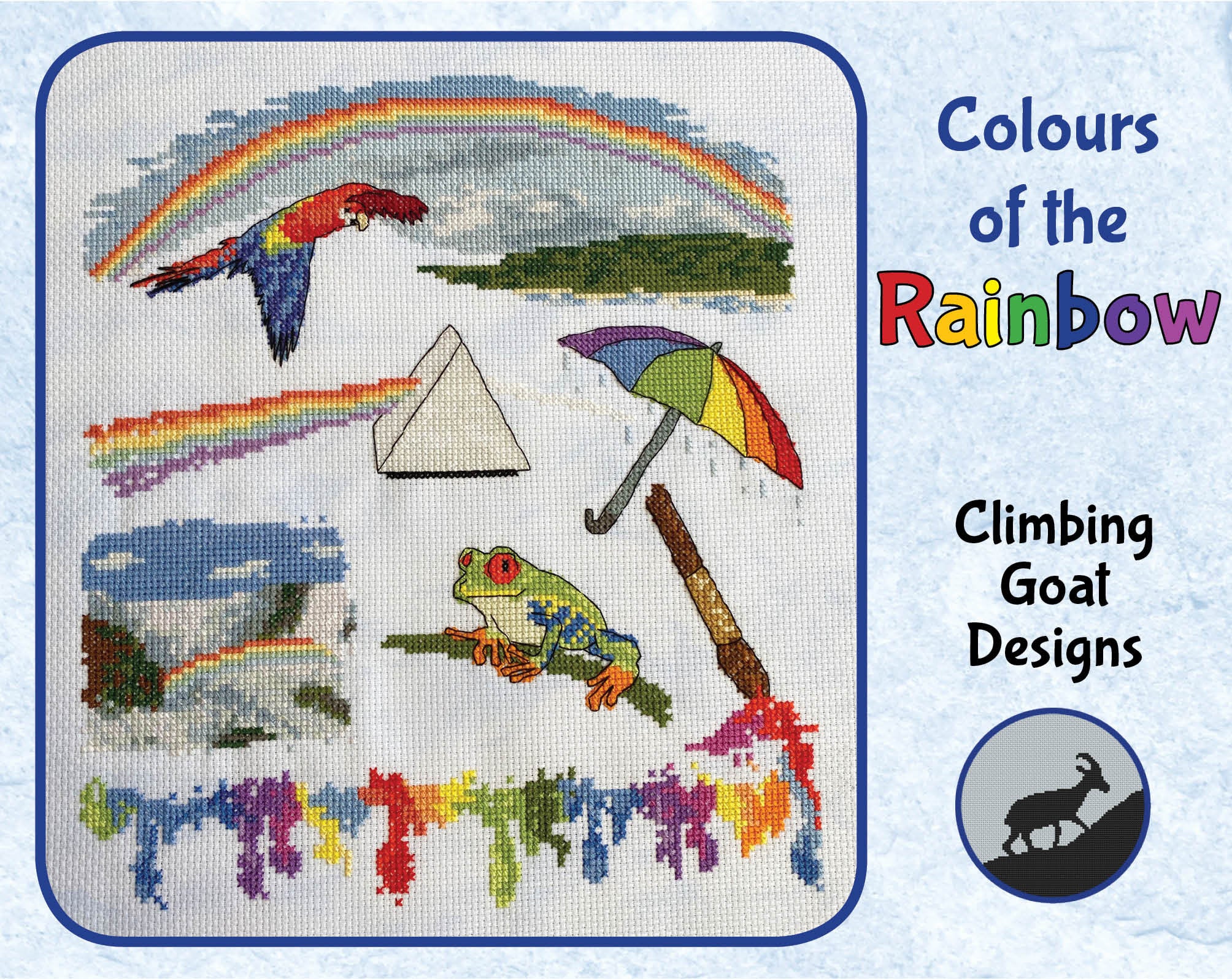 Colours of the Rainbow cross stitch pattern - rainbow, parrot, prism, umbrella, waterfall, frog and paints and paintbrush.