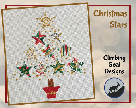Christmas Stars cross stitch pattern - Christmas tree made up of ten differently styled stars, in red, green, gold and silver. Picture of stitched piece.