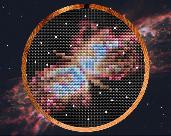 Butterfly Nebula - Astronomy cross stitch pattern - in hoop on nebula background