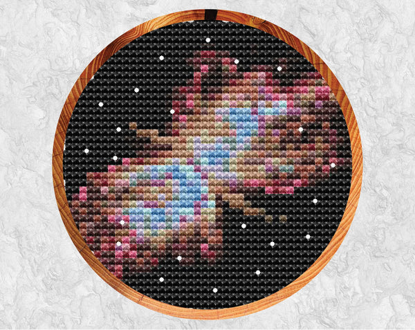 Butterfly Nebula - Astronomy cross stitch pattern - in hoop on grey background
