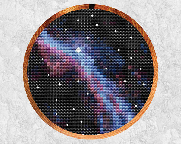 Veil Nebula - Astronomy cross stitch pattern - in hoop on grey background