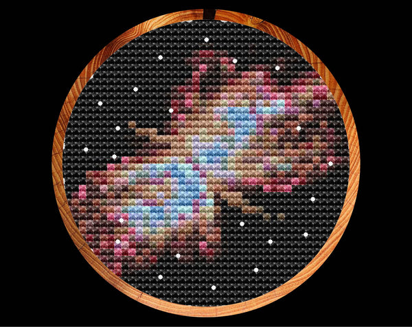 Butterfly Nebula - Astronomy cross stitch pattern - in hoop on black background