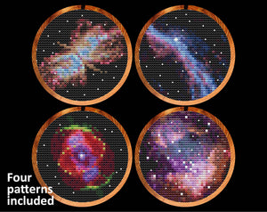 Set of four astronomy cross stitch patterns, showing the Butterfly Nebula, part of the Veil Nebula, the Cat's Eye Nebula, and part of the Small Magellanic Cloud. Shown in hoops against black background.