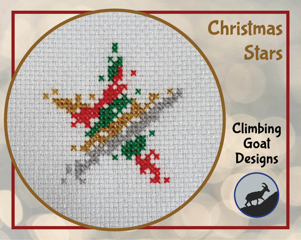 Christmas Stars cross stitch pattern - Christmas tree made up of ten differently styled stars, in red, green, gold and silver. Close up of one star.