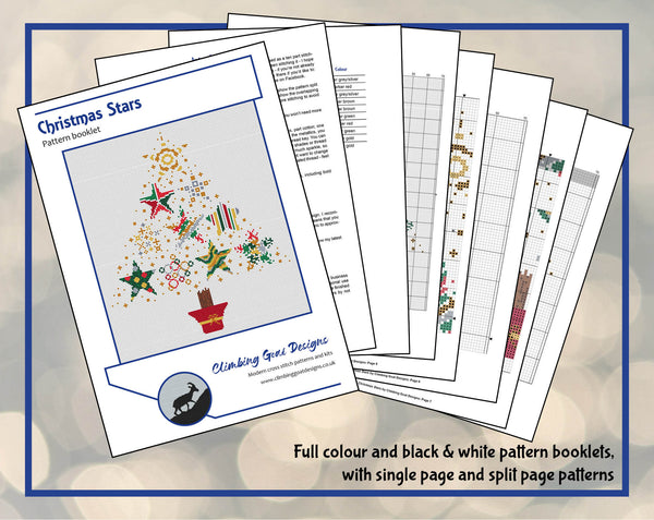 Christmas Stars cross stitch pattern - Christmas tree made up of ten differently styled stars, in red, green, gold and silver. Picture of booklet