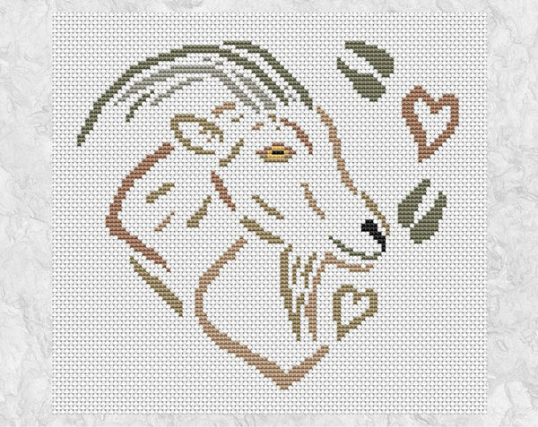 Cross stitch pattern of a goat, hearts and hoof prints, all forming a heart. Shown without frame.