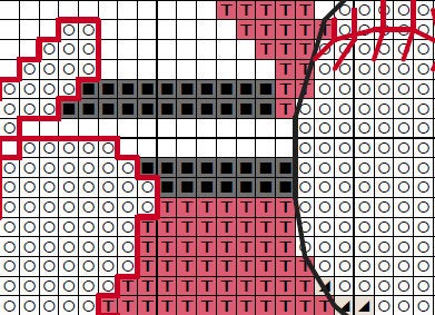 Modern cross stitch pattern of a four silhouettes of baseball players and a baseball. Section of PDF.