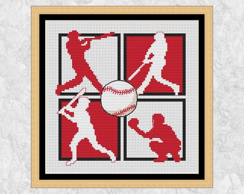 Modern cross stitch pattern of a four silhouettes of baseball players and a baseball. With frame.