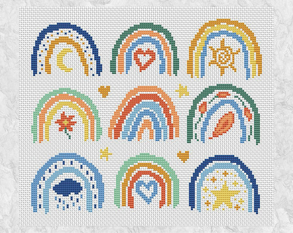 Cross stitch pattern of nine mini boho rainbows. Spring, summer, autumn and winter are all represented along with the stars and the moon. Shown without frame.