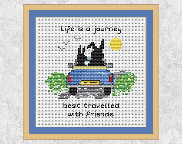 Life is a Journey cross stitch pattern in frame - UK spelling