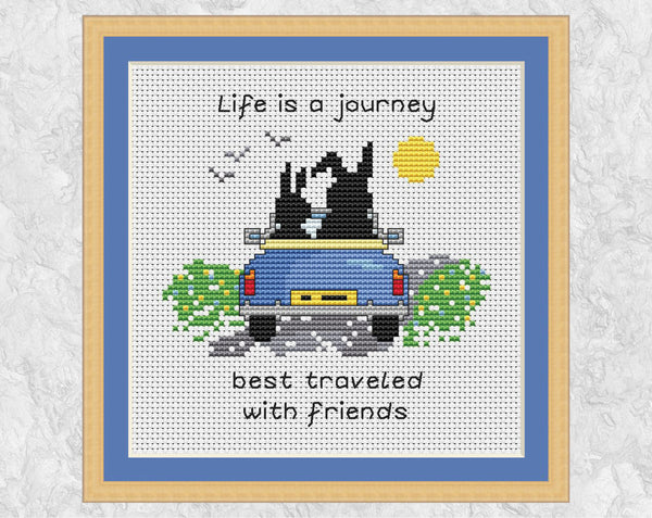 Life is a Journey cross stitch pattern in frame - US spelling