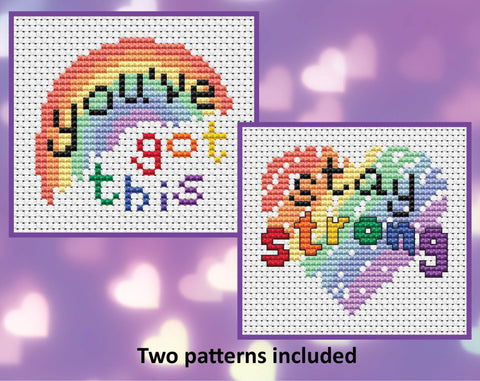 Positive Quote mini cross stitch patterns - Stay Strong and You've Got This with rainbow backgrounds