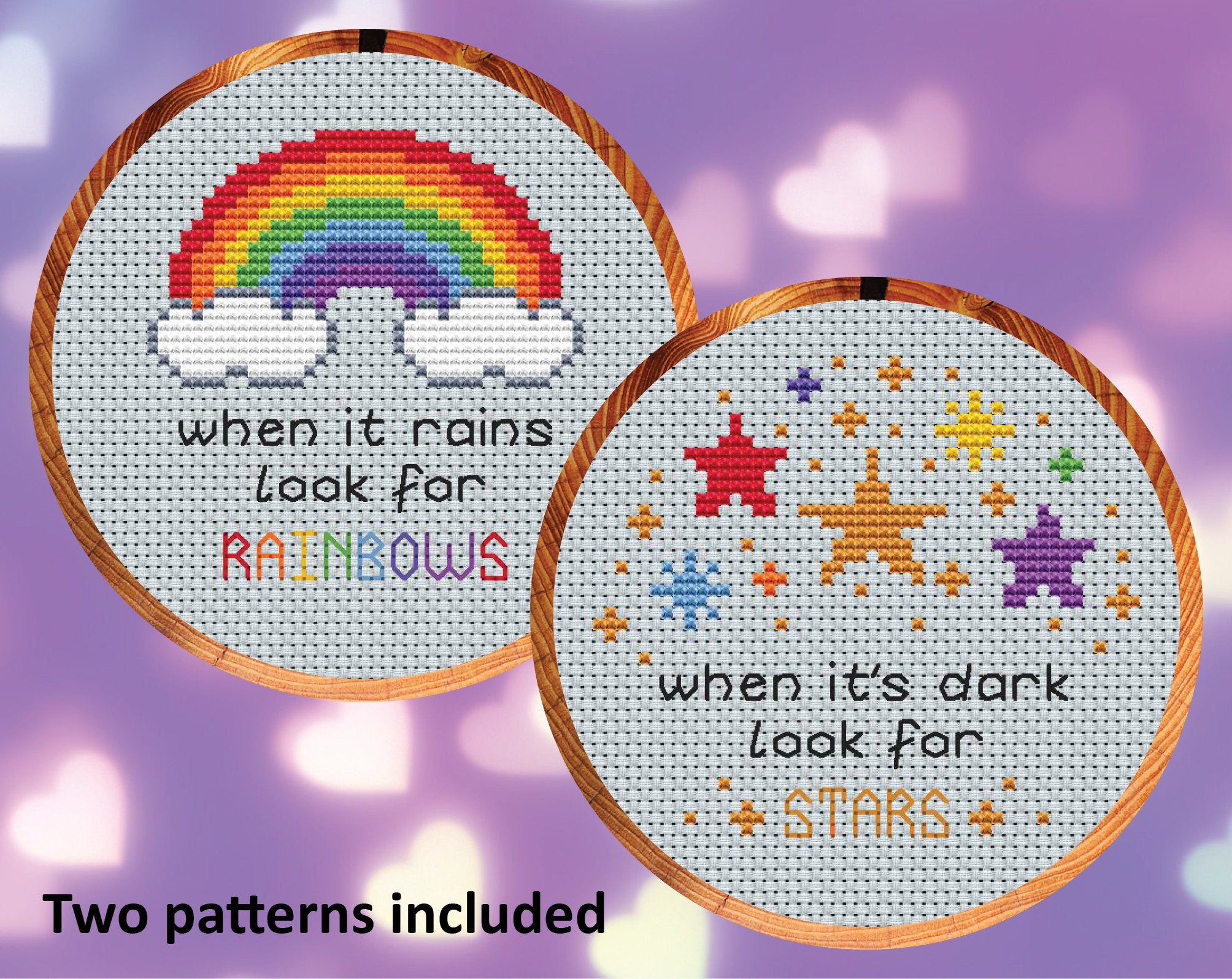 Uplifting Quotes mini cross stitch patterns - 'When It Rains Look For Rainbows' and 'When It's Dark Look For Stars'