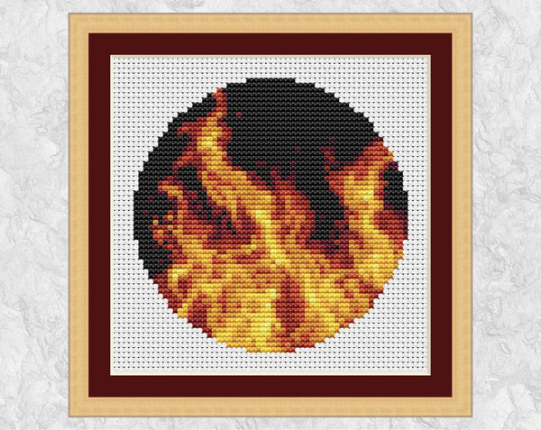 Circle of Fire cross stitch pattern - realistic frames design - shown in frame