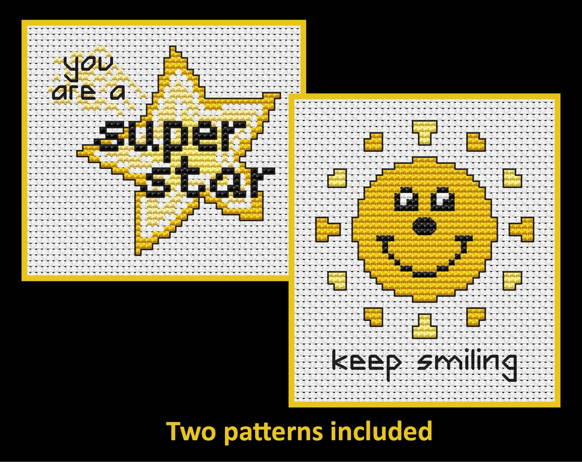 'You Are A Superstar' and 'Keep Smiling' Positive Quote mini cross stitch patterns