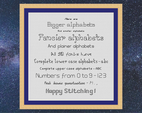 Backstitch alphabet font collection containing 20 complete backstitch alphabet patterns, ideal for personalising any cross stitch or blackwork project. Text in different fonts reading: 'There are bigger alphabets and smaller alphabets, fancier alphabets and plainer alphabets. All 20 fonts have: Complete lower case alphabets - abc; complete upper case alphabets - ABC; numbers from 0 to 9 - 123; and basic punctuation - ? ! . ,  Happy Stitching!'