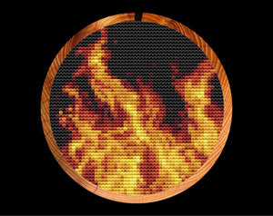 Circle of Fire cross stitch pattern - realistic frames design - shown in hoop