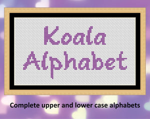 Koala Alphabet - complete upper and lower case cross stitch font - text showing the letters for 'Koala Alphabet'