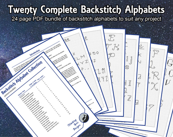 Backstitch alphabet font collection containing 20 complete backstitch alphabet patterns, ideal for personalising any cross stitch or blackwork project.
