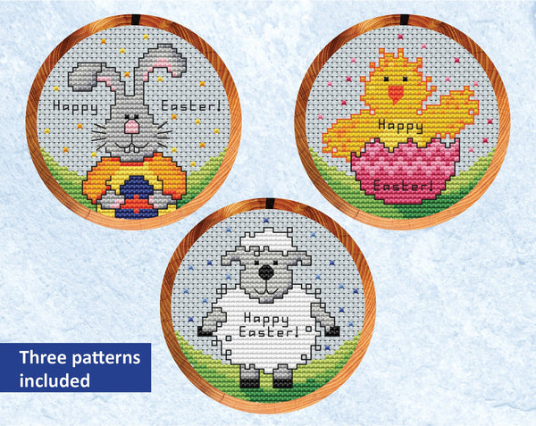Easter Friends cross stitch patterns - bunny, chick and lamb in hoops