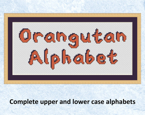 Orangutan Alphabet - complete upper and lower case cross stitch font - text showing the letters for 'Orangutan Alphabet'