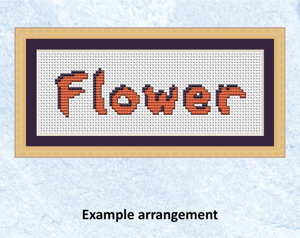 Orangutan Alphabet - complete upper and lower case cross stitch font - text showing the letters for 'flower' as an example word