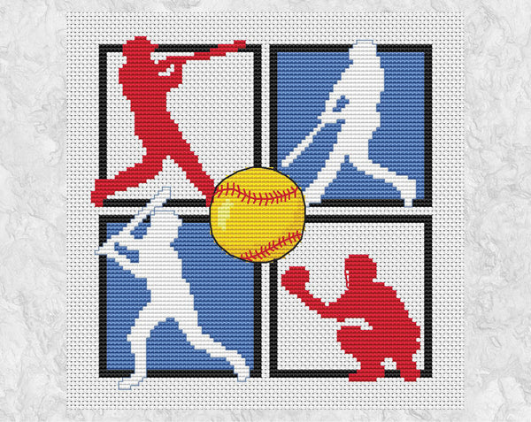 Softball Players cross stitch pattern - batters, catcher and ball sports design