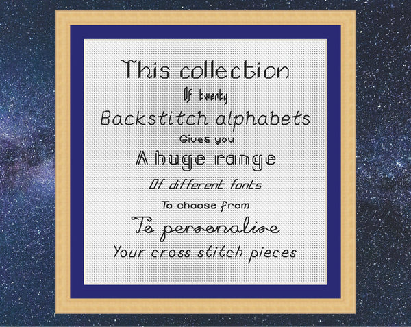 Backstitch alphabet font collection containing 20 complete backstitch alphabet patterns, ideal for personalising any cross stitch or blackwork project. Text in different fonts reading: 'This collection of twenty backstitch alphabets gives you a huge range of different fonts to choose from to personalise your cross stitch pieces'