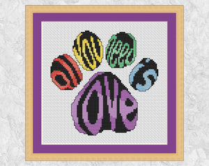 'All You Need Is Love' Paw Print cross stitch pattern - with frame