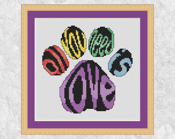 'All You Need Is Love' Paw Print cross stitch pattern - with frame