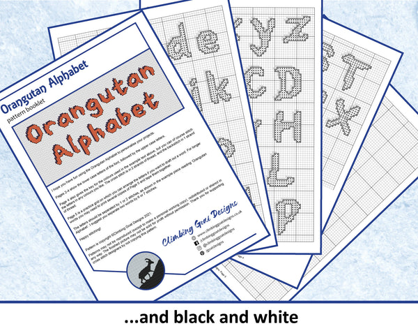Orangutan Alphabet - complete upper and lower case cross stitch font - image of black and white booklet pages