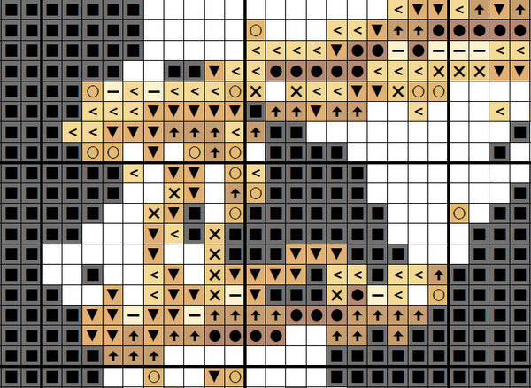 Modern art cross stitch pattern of a male trombone player. Section of PDF.