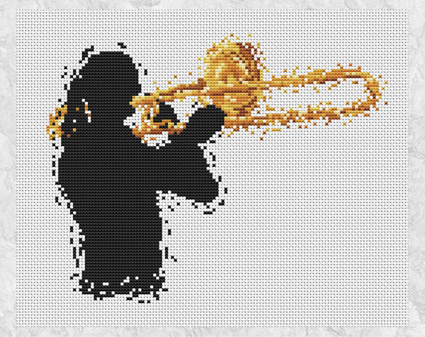 Modern art cross stitch pattern of a female trombone player. Shown without frame.