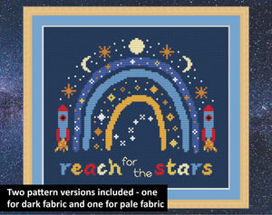 Space Boho Rainbow cross stitch pattern - on dark blue fabric with frame